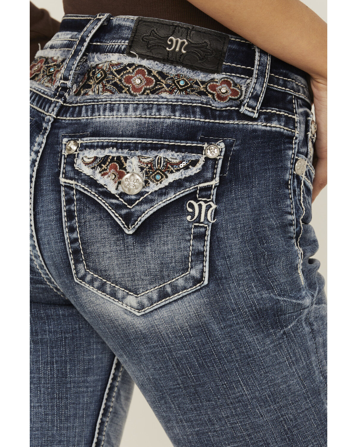 Image #2 - Miss Me Women's Medium Wash Mid Rise Floral Yoke Bootcut Stretch Denim Jeans, Medium Wash, hi-res