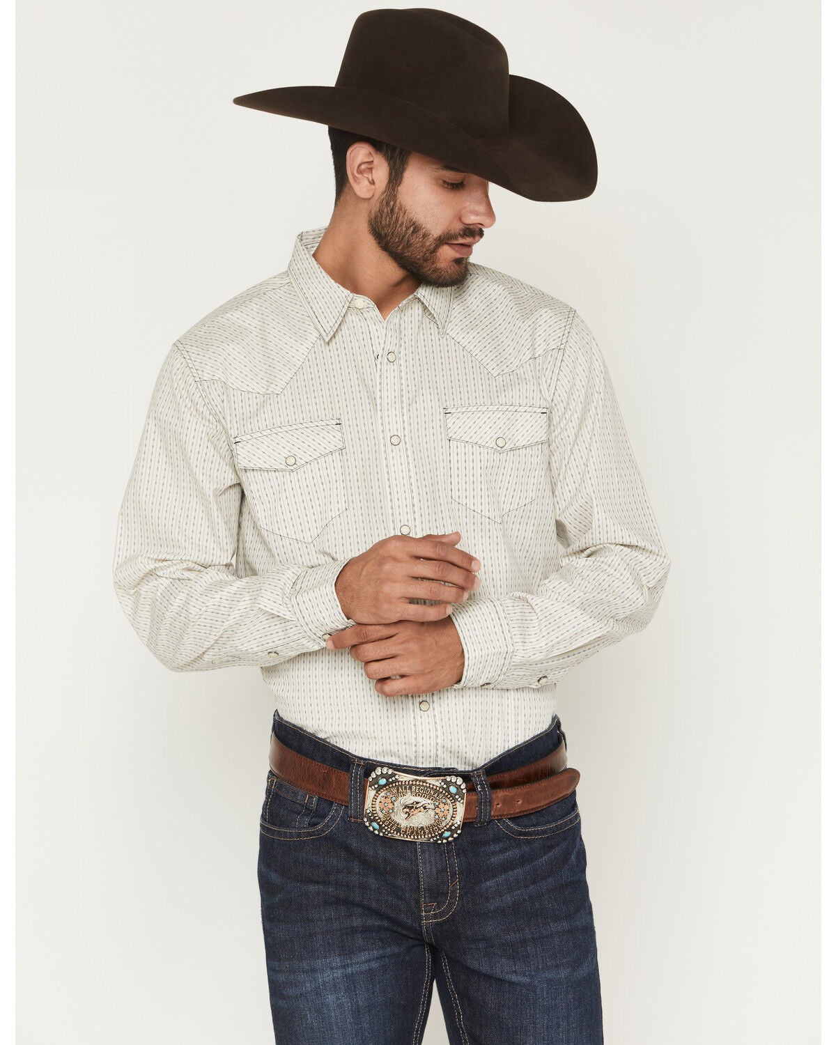 Image #1 - Gibson Trading Co Men's Tulsa Striped Long Sleeve Snap Western Shirt, Ivory, hi-res
