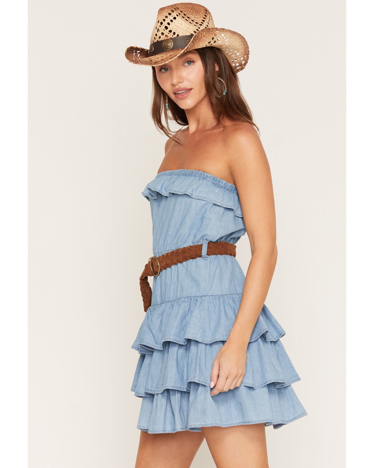 Image #2 - Boom Boom Jeans Women's Light Wash Strapless Tiered Belted Denim Mini Dress, Light Wash, hi-res