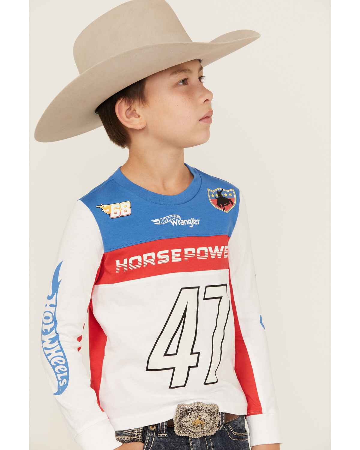 Image #2 - Wrangler® x Hot Wheels™ Boys' Horse Power Colorblock Long Sleeve Graphic T-Shirt, White, hi-res