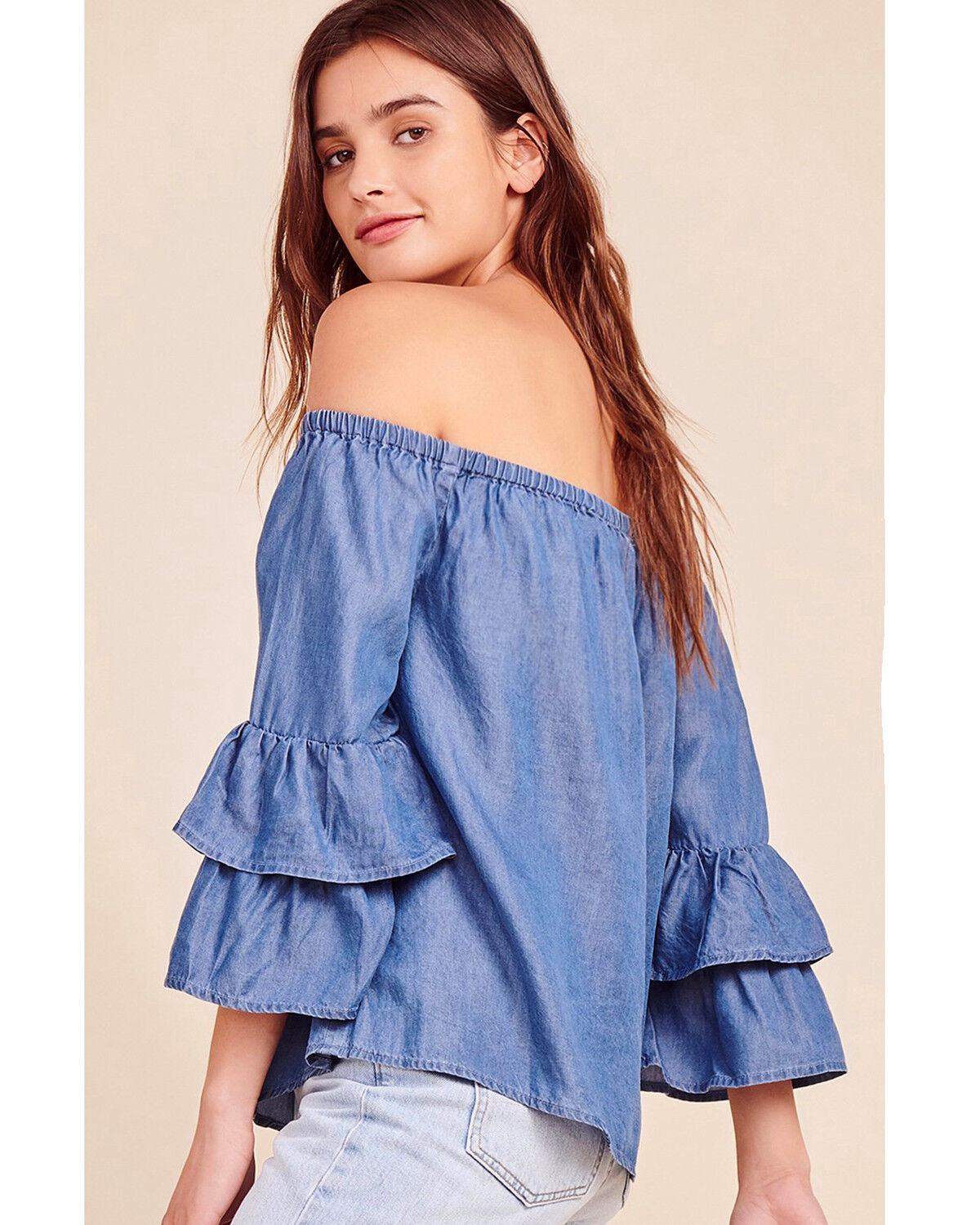 Image #3 - BB Dakota Women's Bohemian Rhapsody Ruffle Top, Medium Blue, hi-res