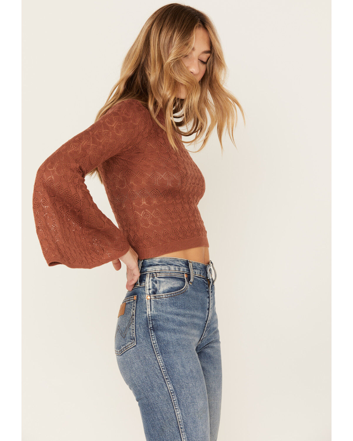 Image #3 - Shyanne Women's Crochet Lace Bell Sleeve Sweater, Brown, hi-res