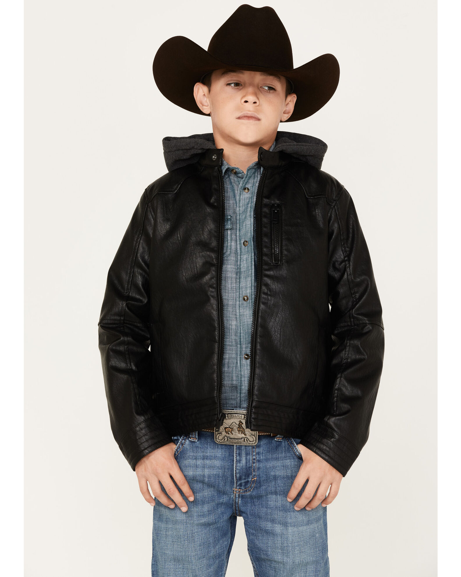 Cody James Boys Hooded Faux Leather Moto Jacket