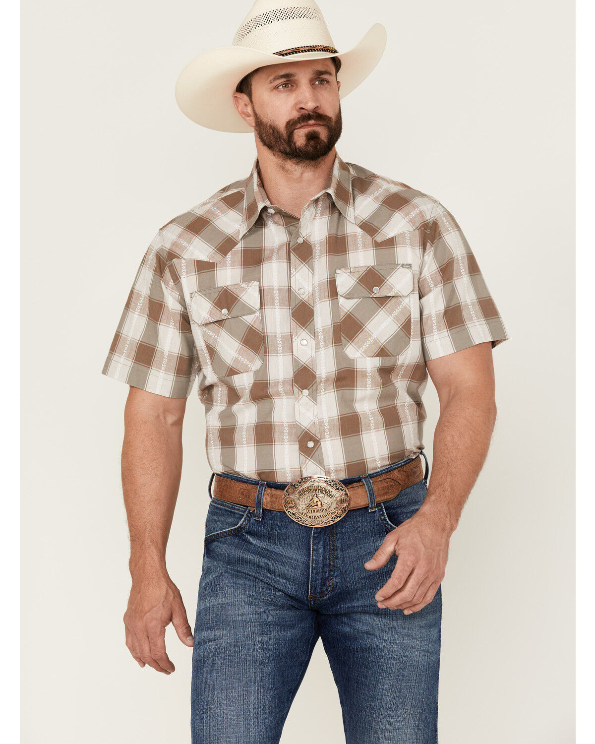 Image #1 - Tin Haul Men's Buffalo Dobby Large Plaid Short Sleeve Pearl Snap Western Shirt, Grey, hi-res