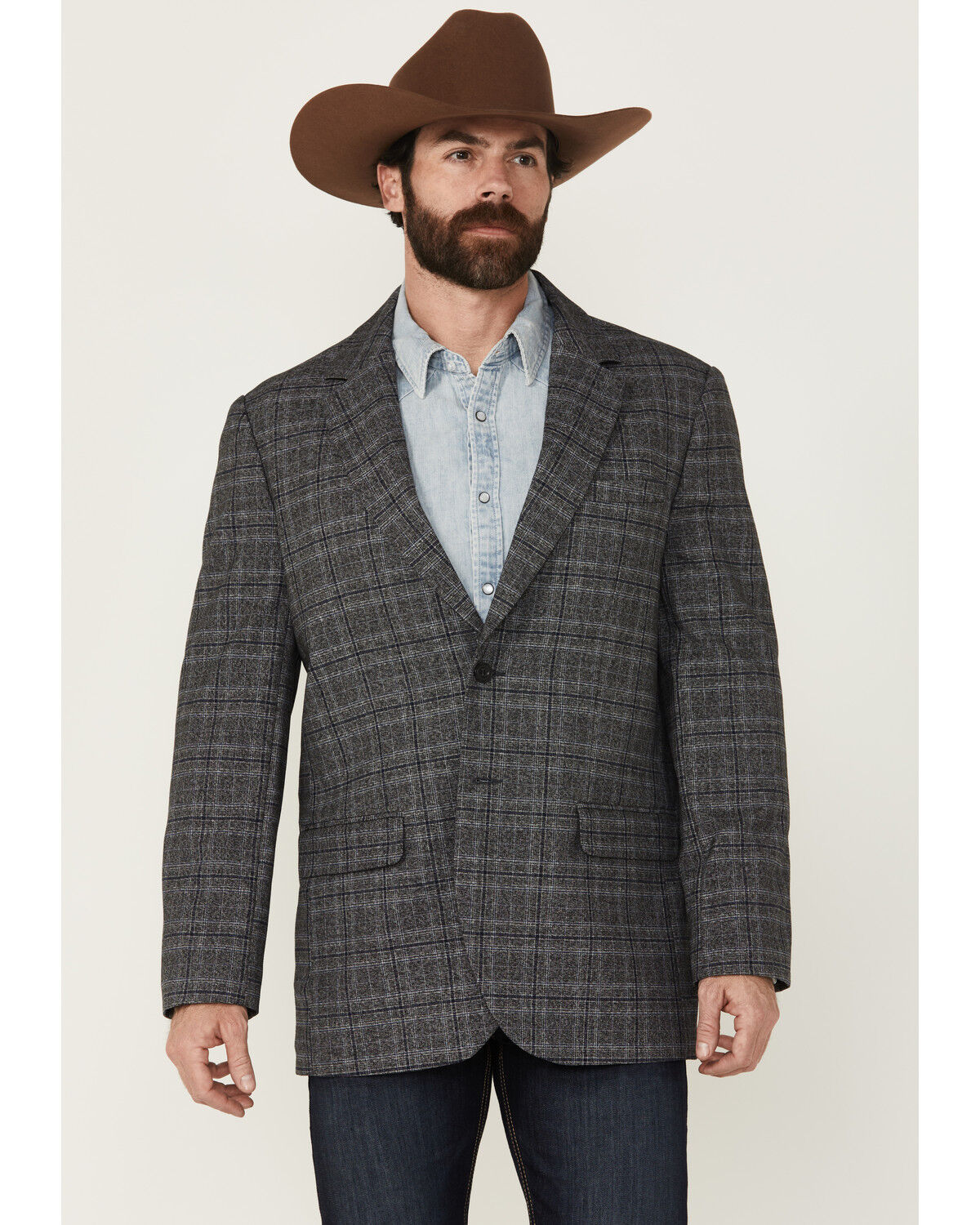 Image #1 - Rock & Roll Denim Men's Plaid Print Button-Down Sport Coat, Charcoal, hi-res