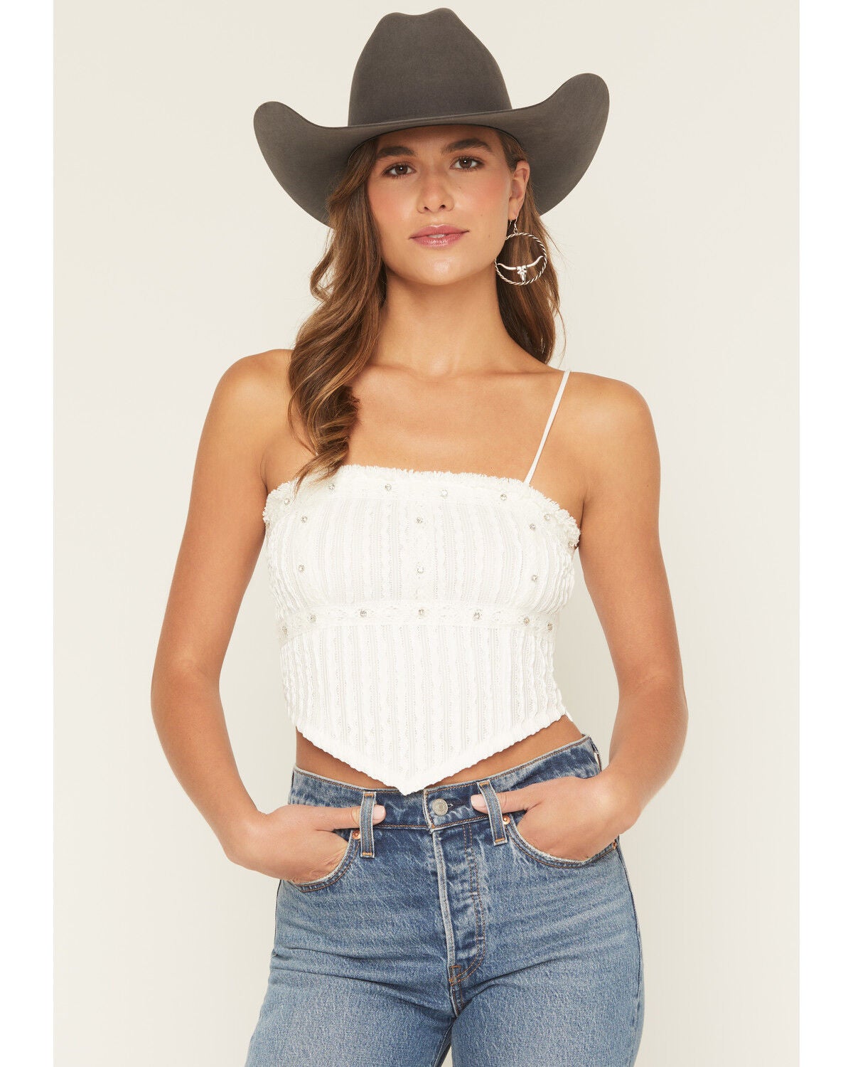 Miss Me Women's Studded Cropped Tank Top, White, hi-res