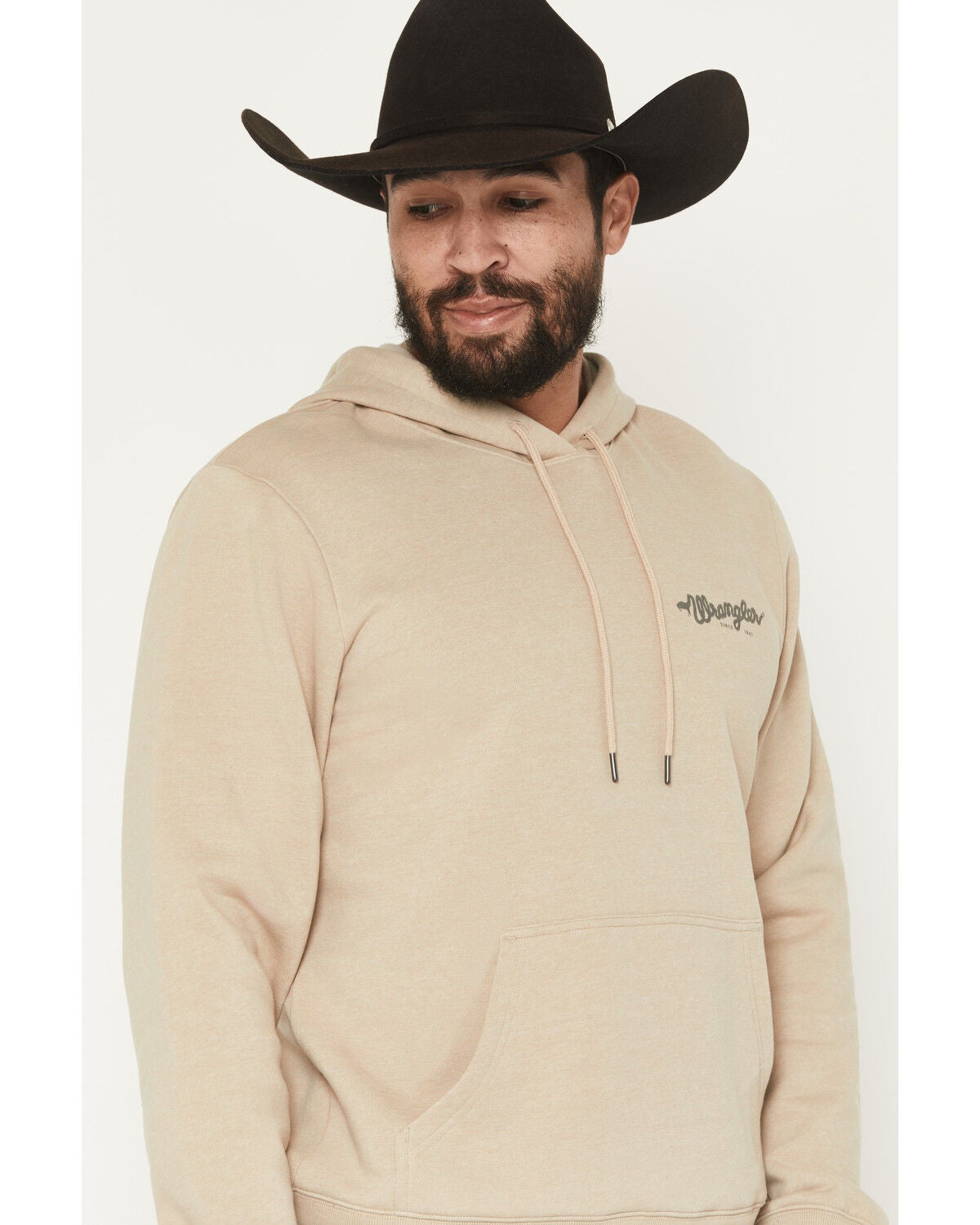 Image #3 - Wrangler Men's Boot Barn Exclusive Barbed Wire Logo Graphic Hooded Sweatshirt, Tan, hi-res