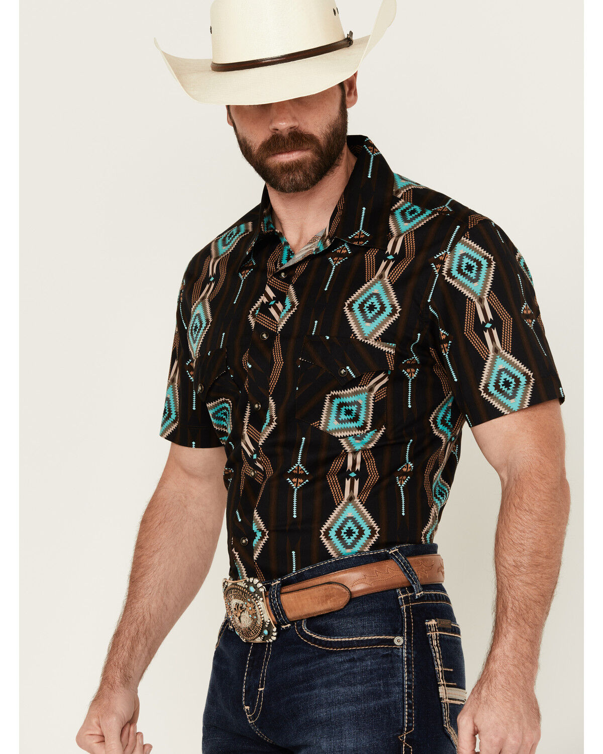 Image #2 - Rock & Roll Denim Men's Southwestern Print Short Sleeve Snap Stretch Western Shirt, Black, hi-res