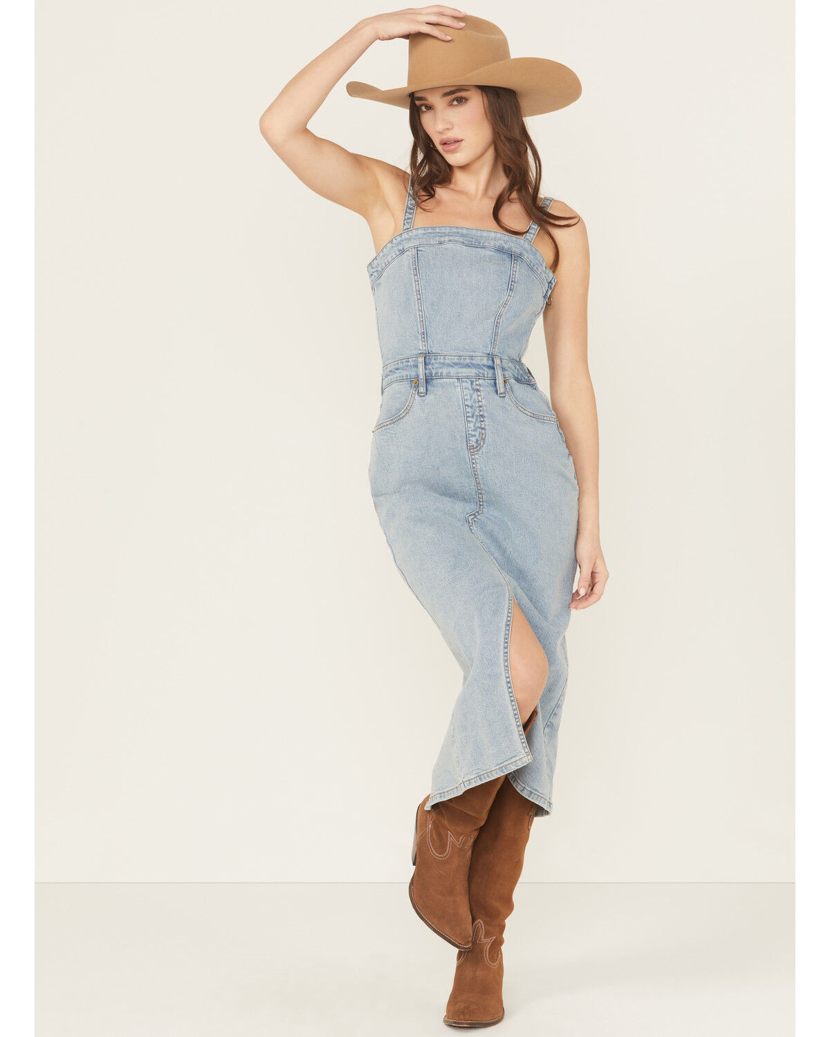 Image #1 - Rock & Roll Denim Women's Light Wash Detachable Strap Denim Midi Dress, Light Wash, hi-res