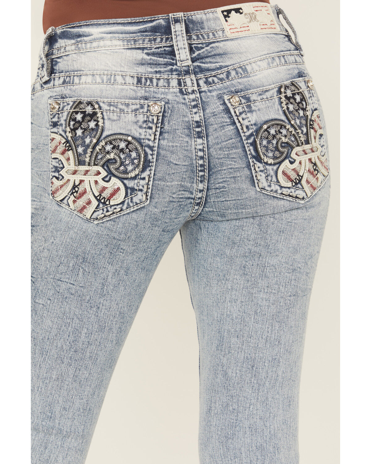 Image #2 - Miss Me Women's Medium Wash Mid Rise Americana Fleur de Lis Bootcut Stretch Denim Jeans, Medium Wash, hi-res