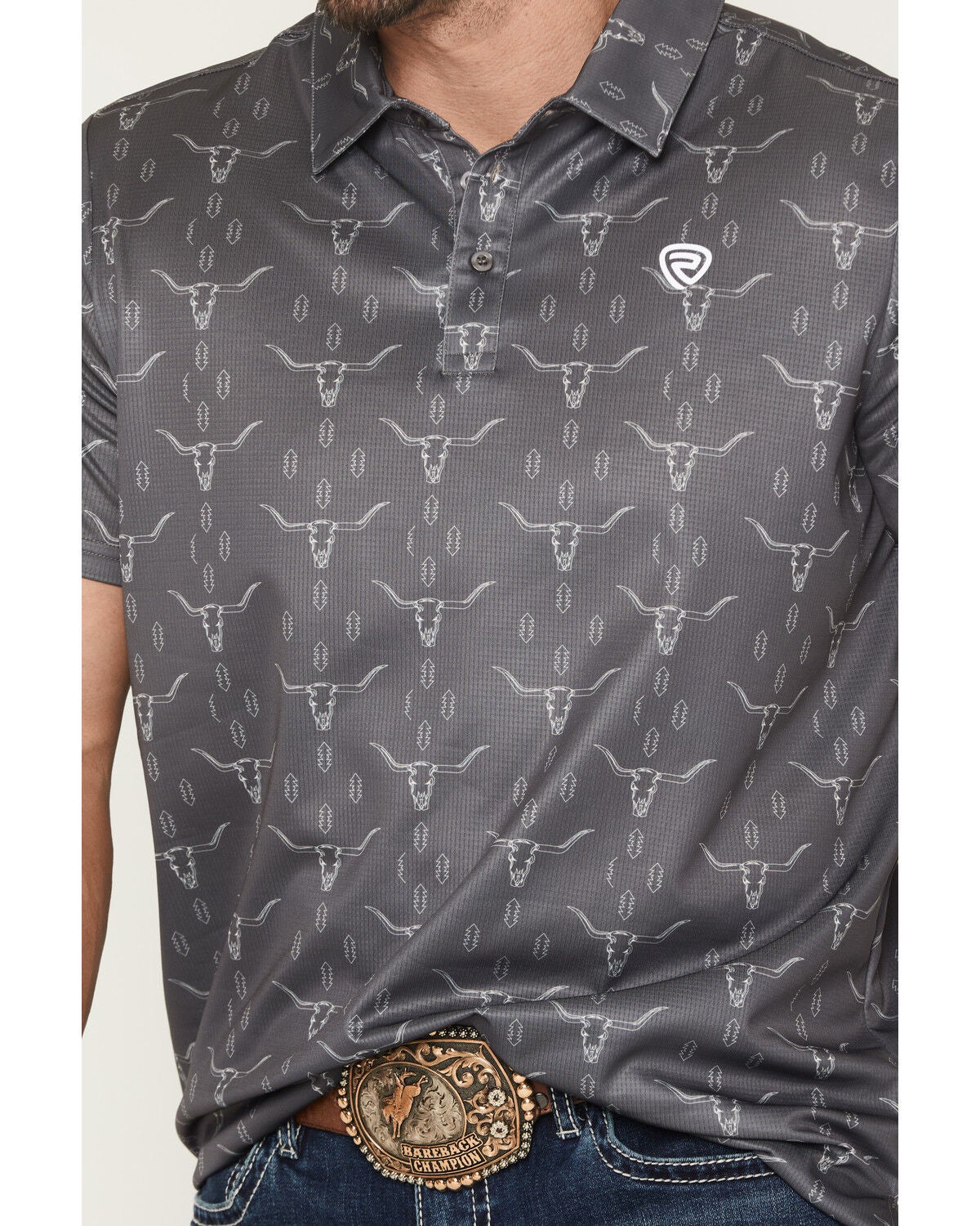 Image #3 - Rock & Roll Denim Men's Steer Skull Print Short Sleeve Button-Down Stretch Polo, Charcoal, hi-res