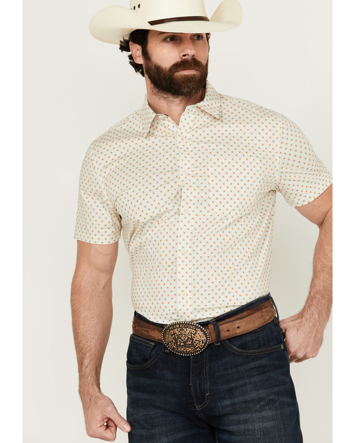 Image #1 - RANK 45® Men's Westamp Geo Print Short Sleeve Button-Down Performance Stretch Western Shirt, Ivory, hi-res