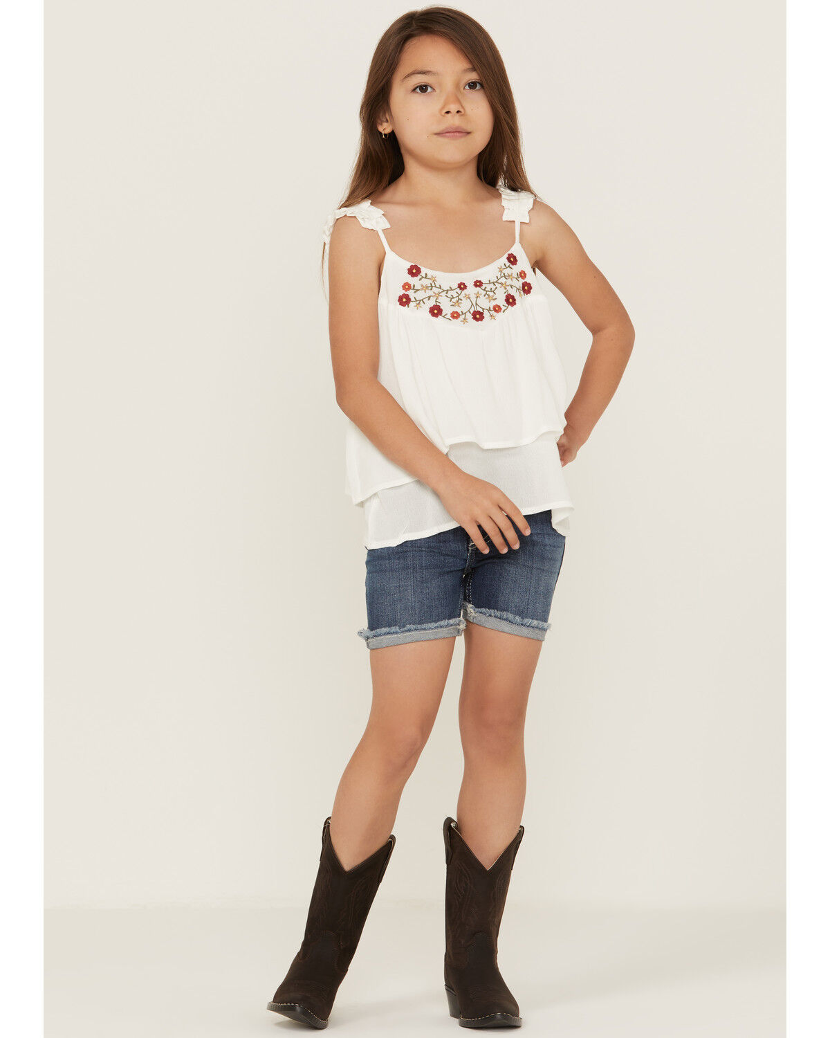 Image #2 - Hayden Girls' Embroidered Pleated Tank, White, hi-res