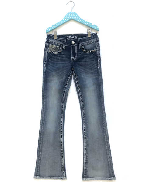 Grace In LA Girls' Light Wash Floral Longhorn Embellished Pocket Bootcut Jeans , Blue, hi-res