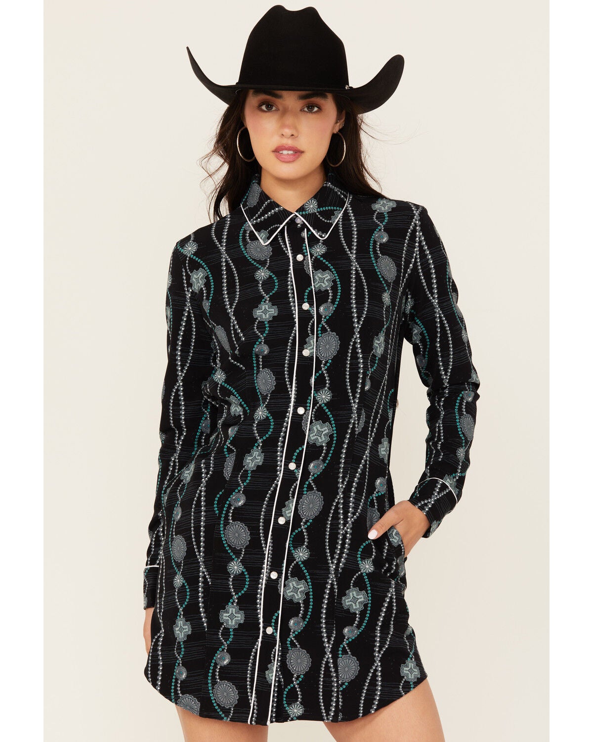 Panhandle Women's Concho Print Long Sleeve Snap Western Mini Dress, Black, hi-res
