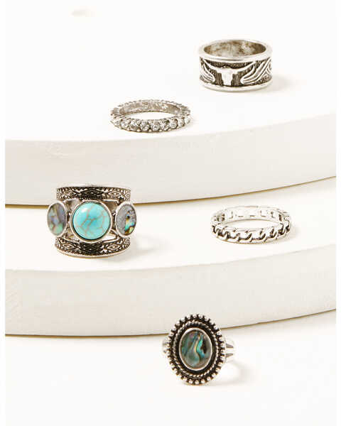 Image #1 - Shyanne Women's Silver Longhorn & Turquoise Abalone 5-piece Ring Set, Silver, hi-res