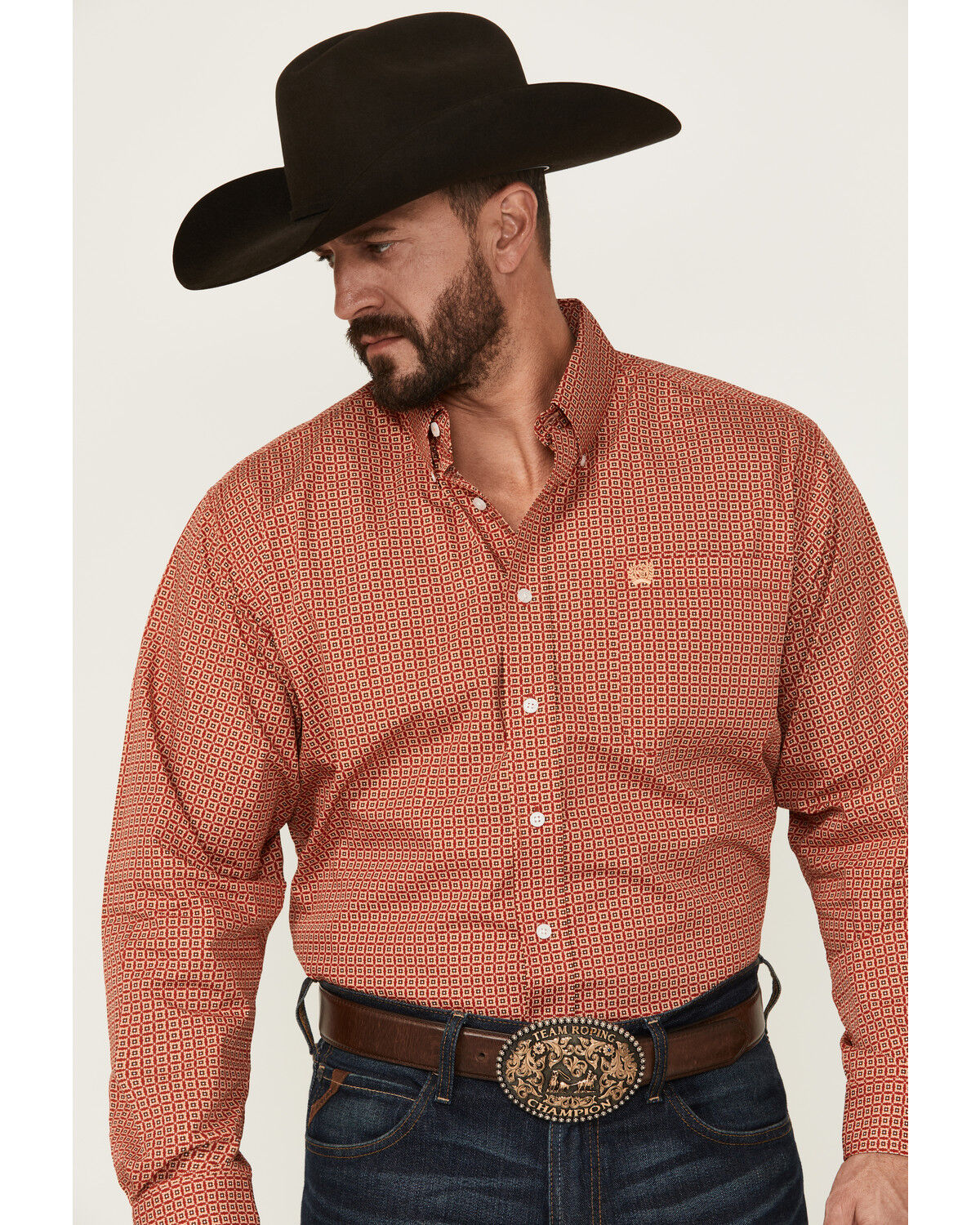 Image #1 - Cinch Men's Geo Print Long Sleeve Button-Down Western Shirt, Red, hi-res