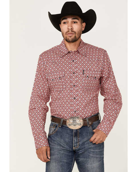 Cinch Men's Modern Fit Floral Diamond Geo Print Long Sleeve Snap Western Shirt , Red, hi-res