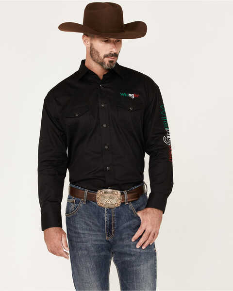 Image #1 - Wrangler Men's Mexico Logo Snap Western Shirt , Black, hi-res