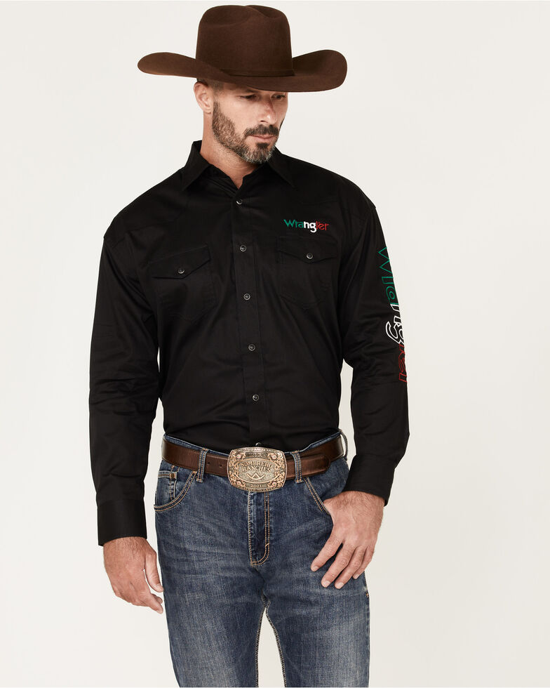 Wrangler Men's Mexico Logo Snap Western Shirt , Black, hi-res