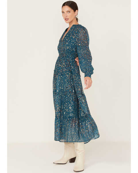 Revel Women's Foil Splatter Tiered Midi Dress, Teal, hi-res