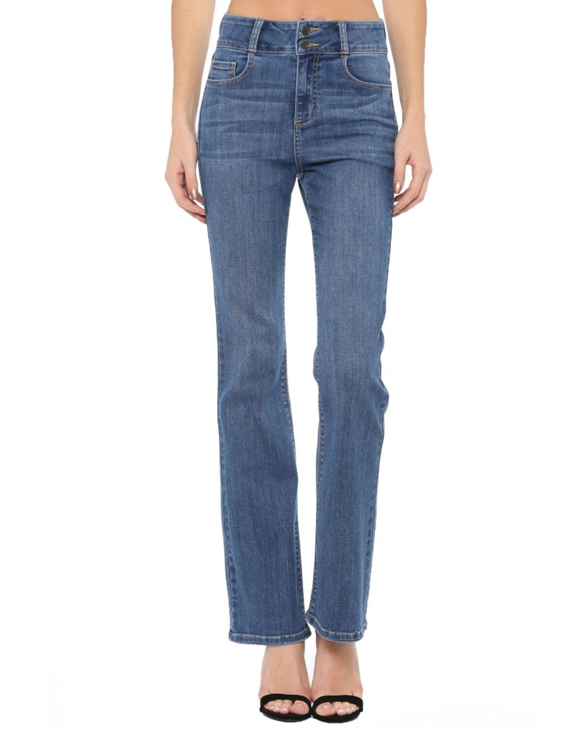 Image #4 - Cello Women's Medium Wash Button Kick Flare Jeans, Blue, hi-res