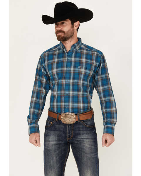 Image #1 - Ariat Men's Geron Plaid Print Long Sleeve Button-Down Western Shirt , Blue, hi-res
