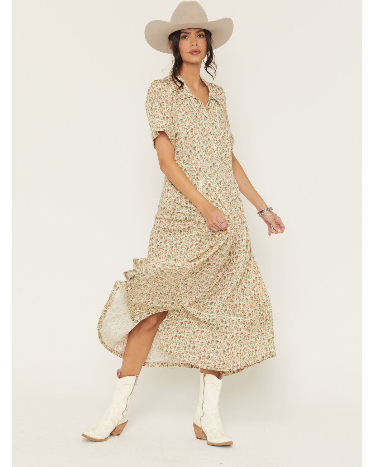 Image #1 - Sendero Provisions Women's La Dahlia Floral Print Short Sleeve Midi Dress, Cream, hi-res