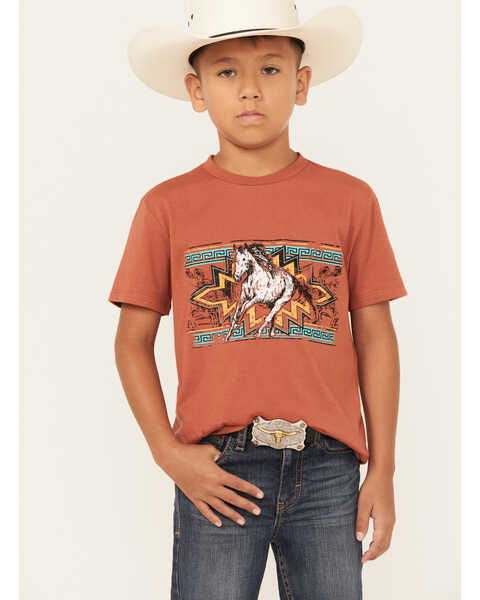 Rock & Roll Denim Boys' Southwestern Horse Short Sleeve Graphic T-Shirt , Rust Copper, hi-res