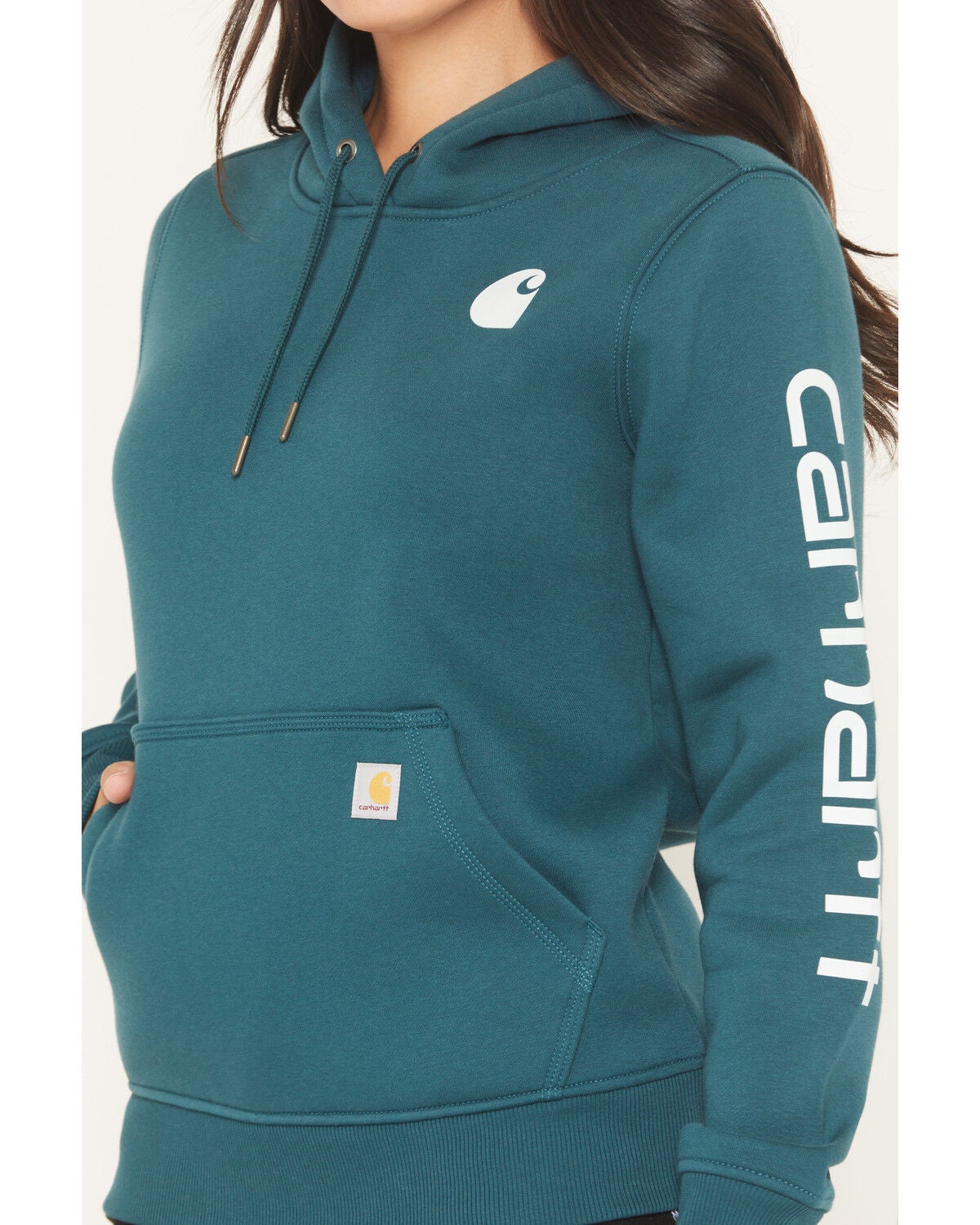 Image #3 - Carhartt Women's Relaxed Fit Midweight Logo Sleeve Graphic Hoodie, Green, hi-res
