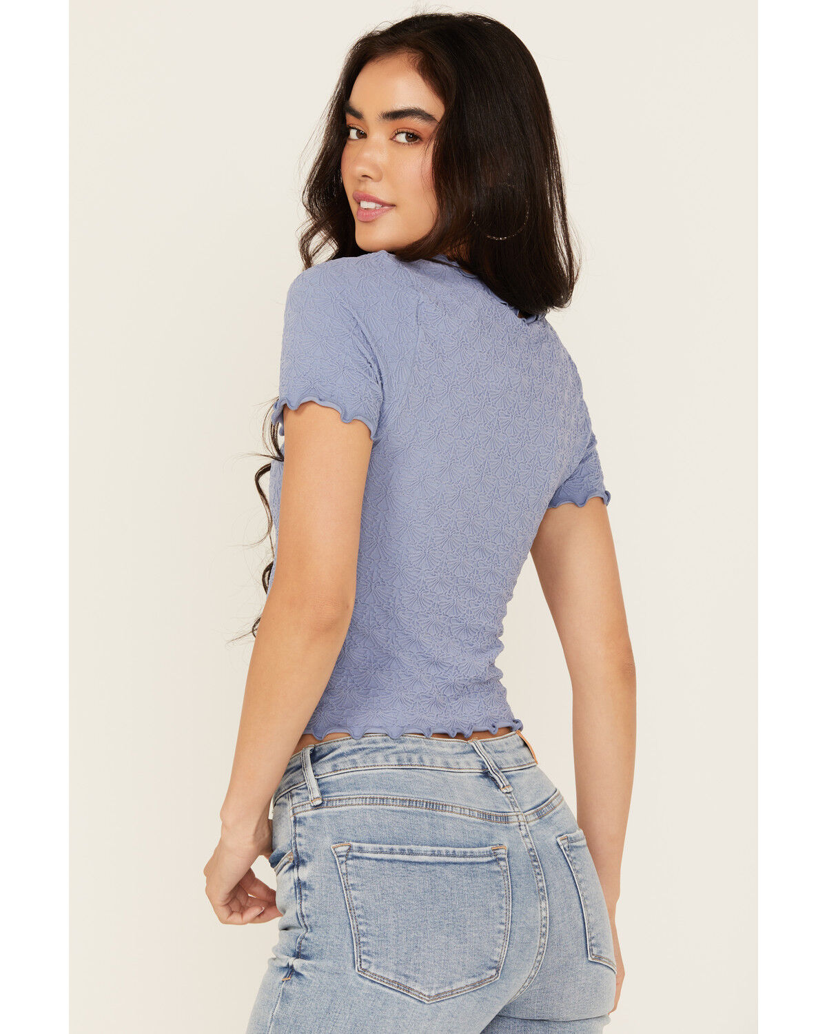 Image #4 - Fornia Women's Solid Lettuce Edge Short Sleeve Tee, Blue, hi-res