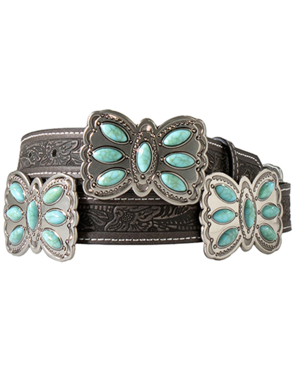Angel Ranch Women's Floral Concho Tooled Belt, Black, hi-res