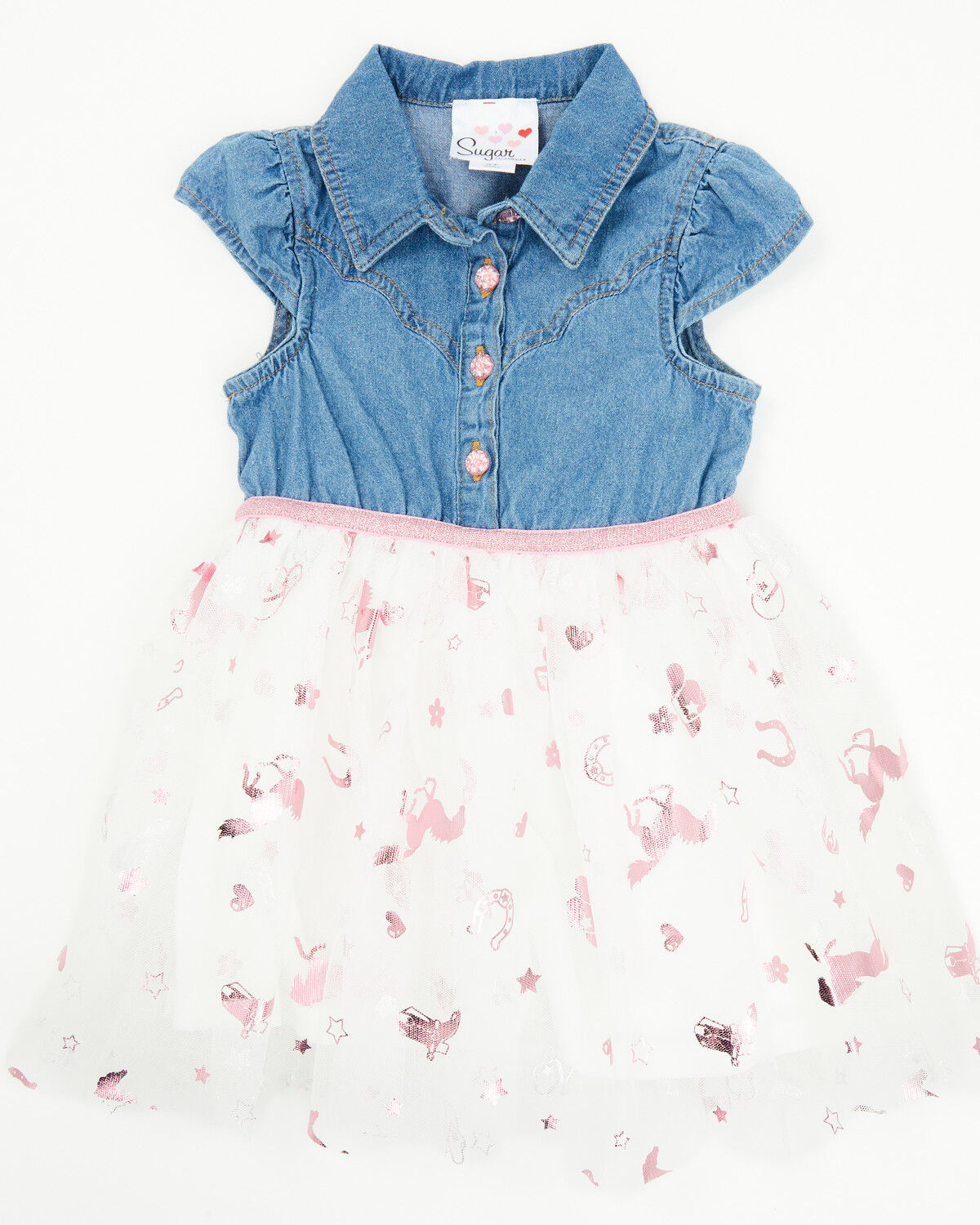 Image #1 - Sugar California Toddler Girls' Denim Short Sleeve Button-Down Tutu Dress, Blue, hi-res