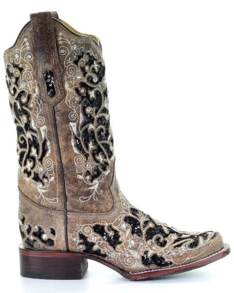 Image #2 - Corral Women's Sequin Inlay Western Boots - Square Toe, Brown, hi-res