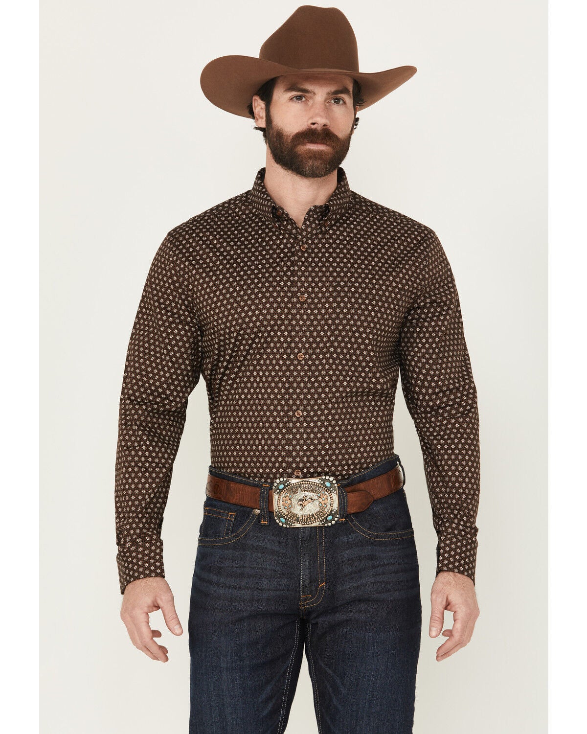 Cody James Men's Sebastian Geo Print Long Sleeve Button-Down Stretch Western Shirt, Dark Brown, hi-res