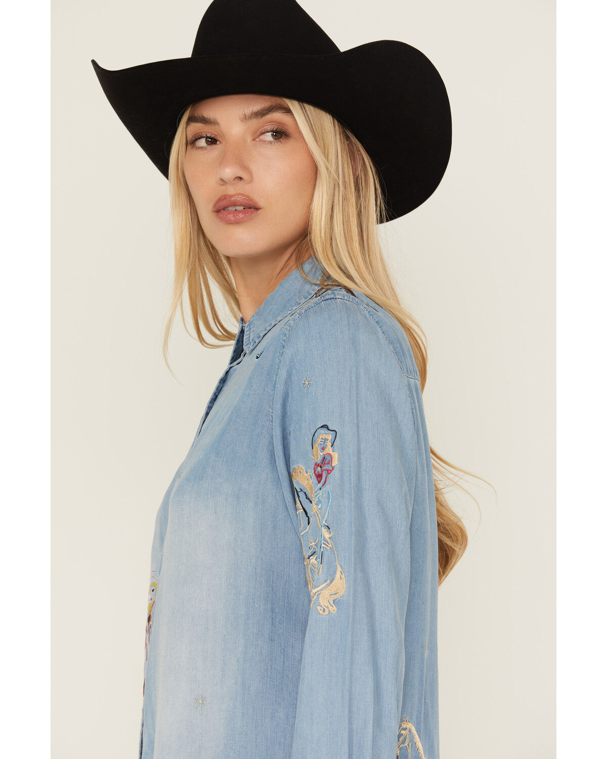 Image #2 - Blue B Women's Cowgirl Embroidered Long Sleeve Button-Down Denim Shirt, Medium Wash, hi-res