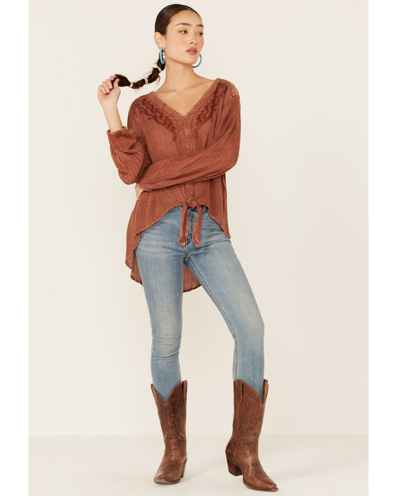 Nostalgia Women's Solid Brown Lace Tie-Front Long Sleeve Top  , Rust Copper, hi-res