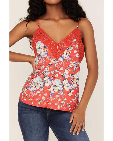 Image #3 - Miss Me Women's Floral Lace Cami , Red, hi-res