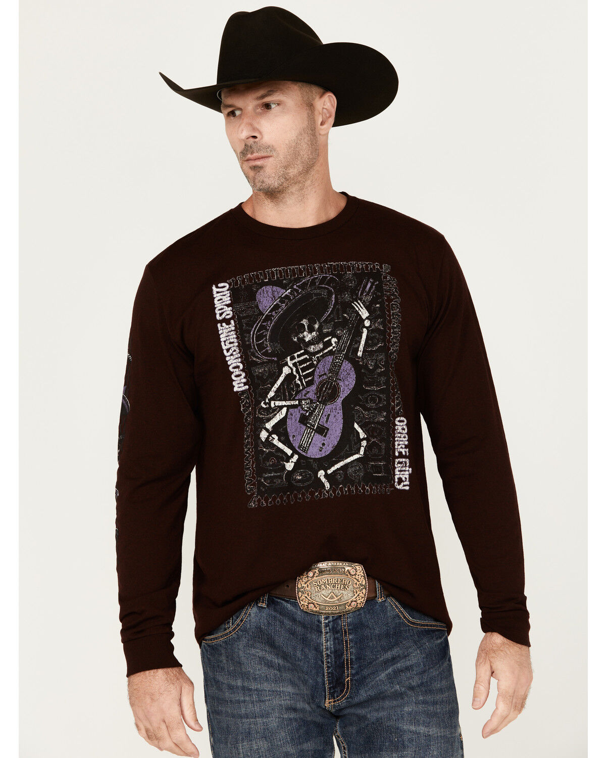 Image #1 - Moonshine Spirit Men's Skully Graphic Long Sleeve T-Shirt, Burgundy, hi-res