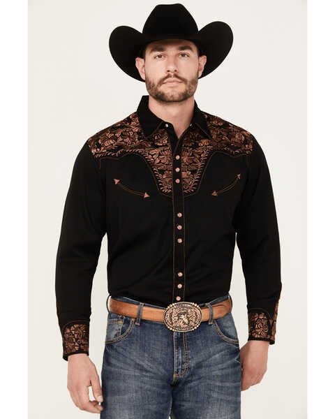 Scully Men's Copper Embroidered Gunfighter Long Sleeve Snap Western Shirt , Black, hi-res