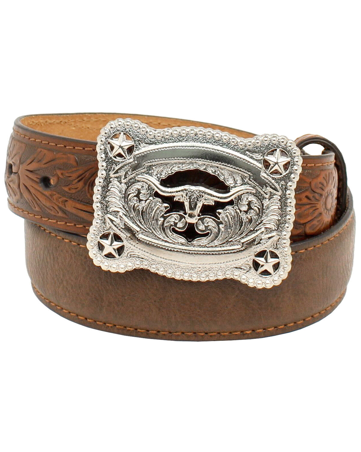 Image #1 - Nocona Belt Co. Boys' Tooled Billet Longhorn Buckle Belt, Brown, hi-res