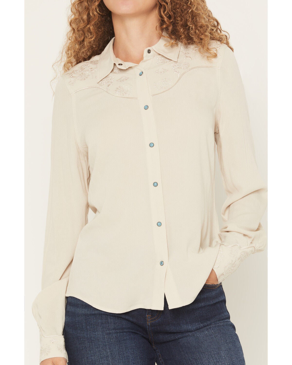 Image #3 - Shyanne Women's Bluespruce Embroidered Long Sleeve Snap Western Shirt, Oatmeal, hi-res