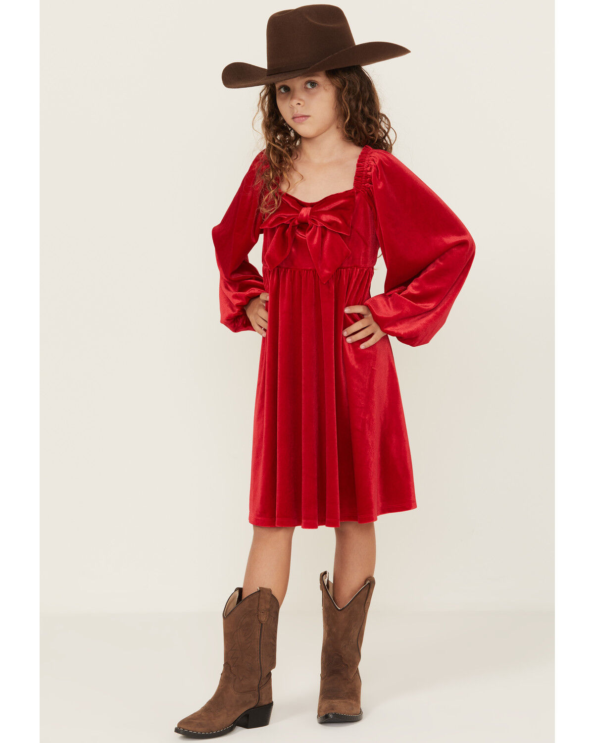 Image #1 - Trixxi Girls' Velvet Baby Down Bow Long Sleeve Dress, Red, hi-res