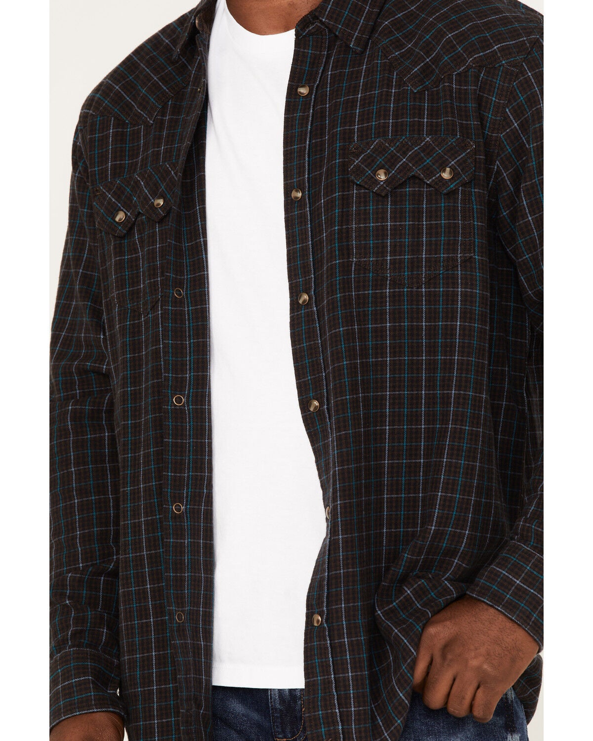 Image #2 - Moonshine Spirit&reg; Men's Cask Small Plaid Print Snap Western Flannel Shirt, Brown, hi-res