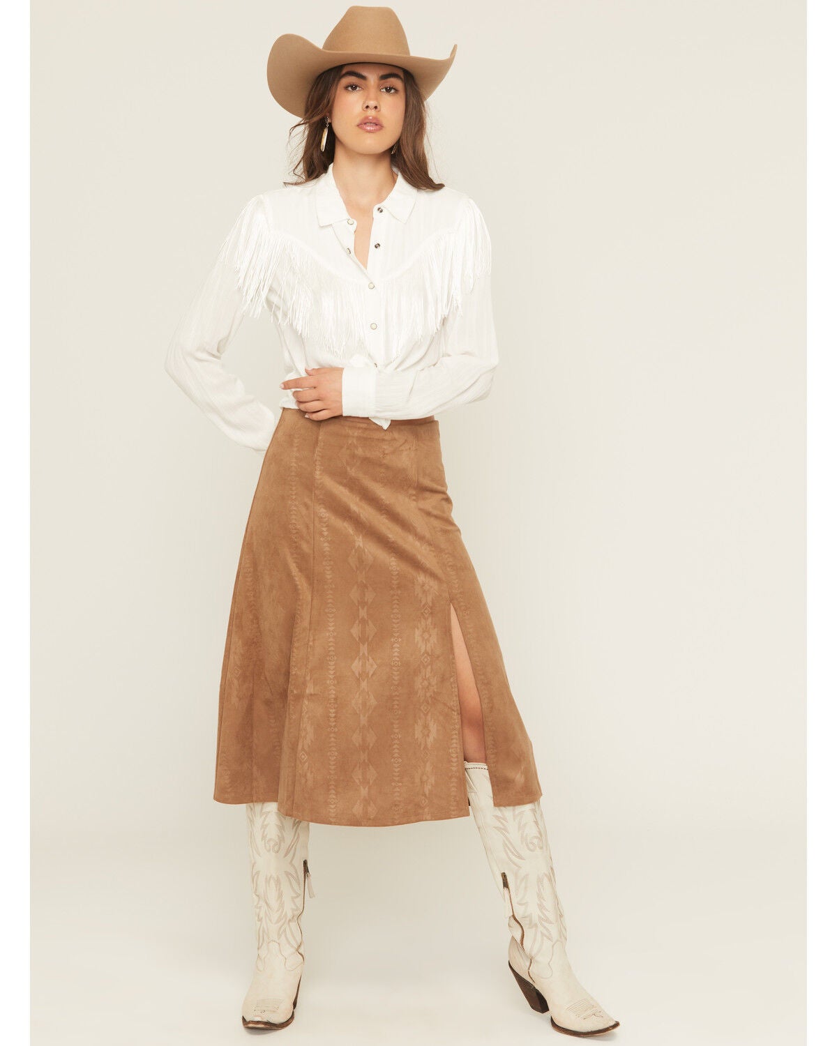 Shyanne Women's Embossed Southwestern Print Faux Suede Midi Skirt, Coffee, hi-res