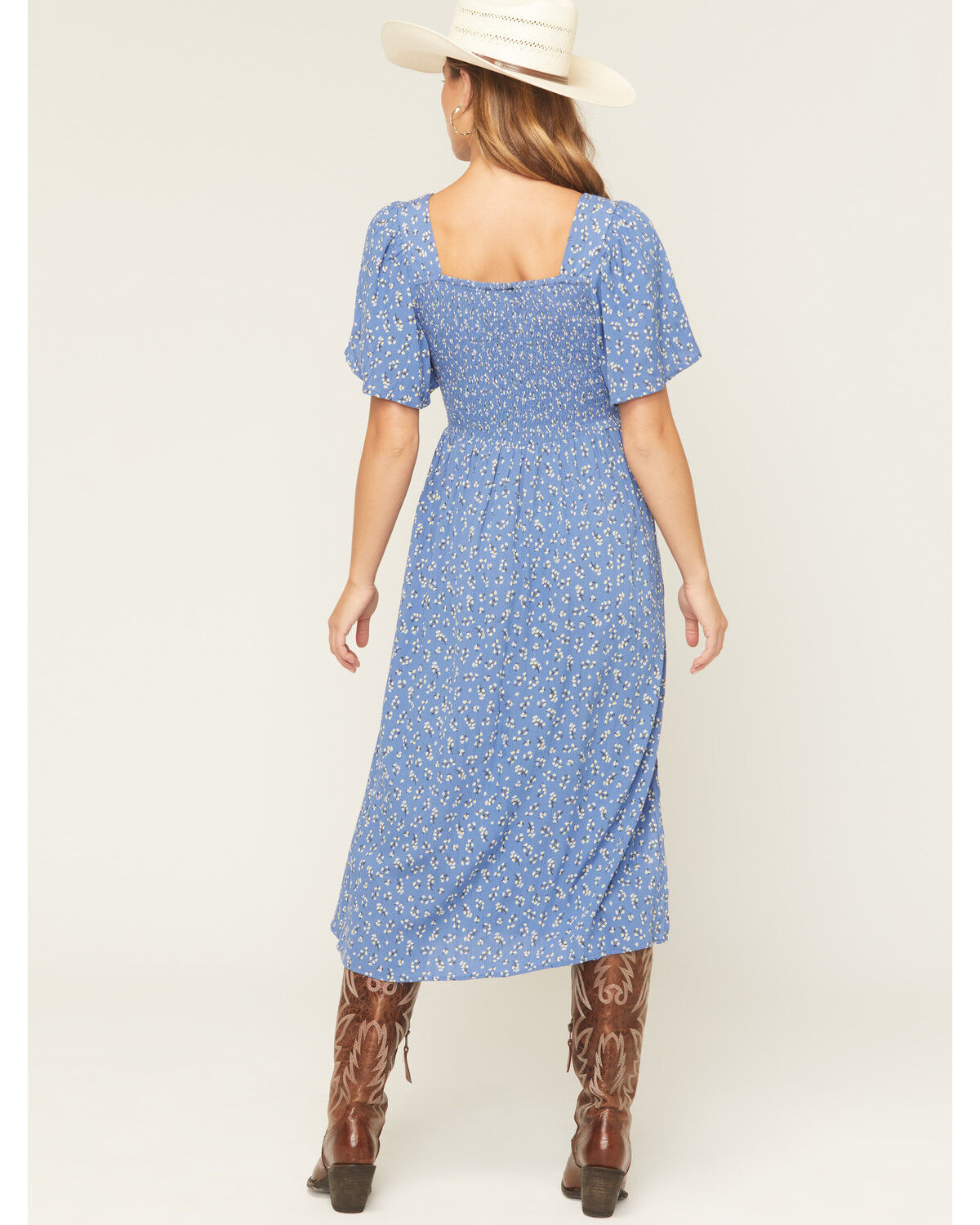 Image #4 - Angie Women's Floral Print Knot Short Sleeve Midi Dress, Blue, hi-res