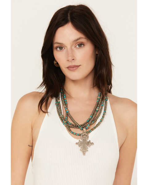 Paige Wallace Women's Turquoise Pyrite Ethiopian Cross Necklace, Turquoise, hi-res