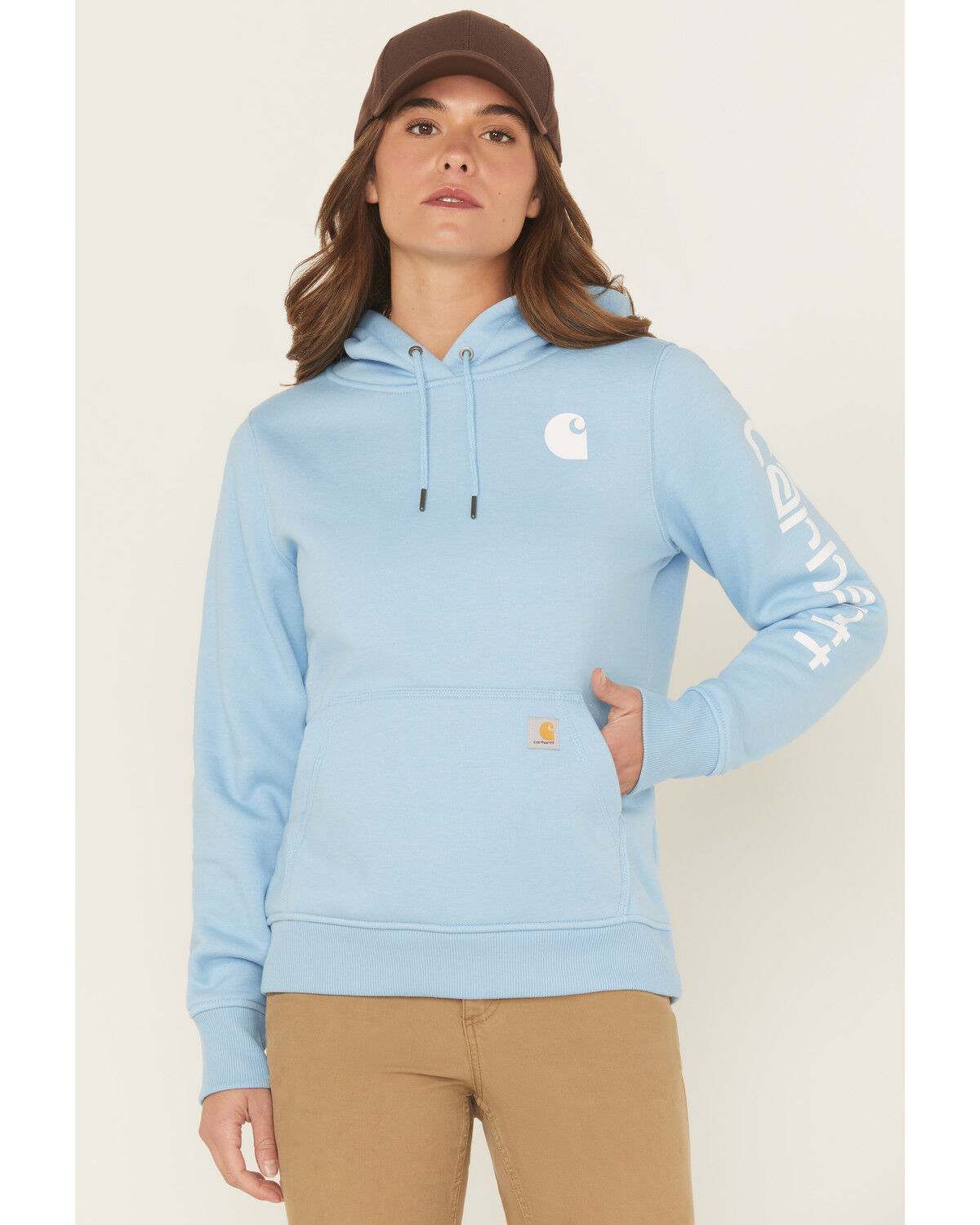 Image #1 - Carhartt Women's Relaxed Fit Midweight Logo Graphic Hoodie, Blue, hi-res