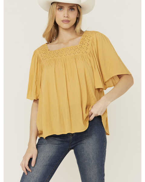 Band Of The Free Women's Solid Short Sleeve Ruffle Blouse , Peach, hi-res
