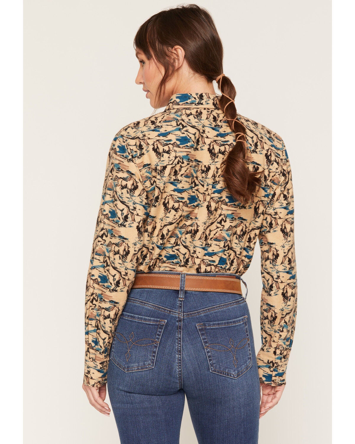 Image #4 - Shyanne Women's Cutler Horse Print Long Sleeve Relaxed Flannel Shirt, Beige, hi-res